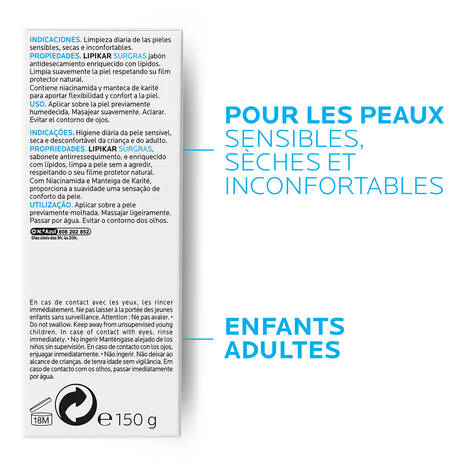 La Roche-Posay LIPIKAR SURGRAS - Pain Physiologique Anti-Dessèchement, 150g
